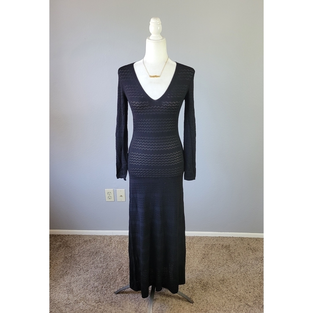 ZARA // ltd ed black pointelle knit plunge long sleeve a-line maxi dress - Picture 2 of 16